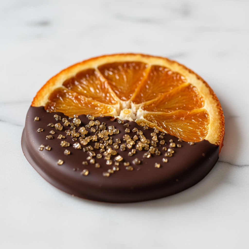 Naranjas confitadas con chocolate y azúcar dorada